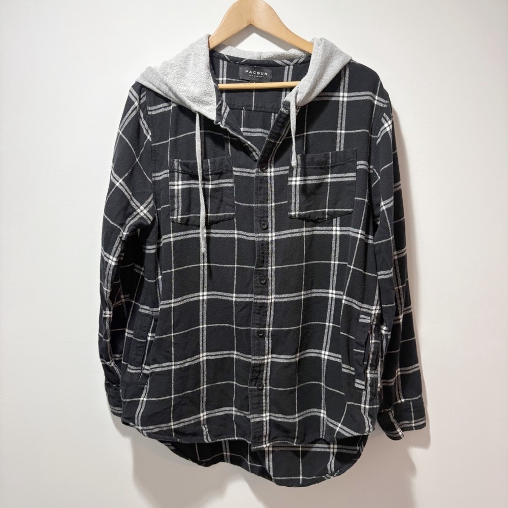 Pacsun Shirt Plaid Flannel Button Down Hoodie Size Large Pockets Indie Sleaze